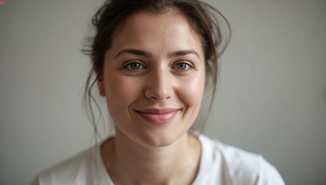 Smiling young woman in white t-shirt looking at camera with natural makeup and soft light