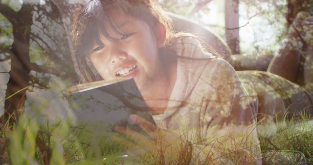 Joyful Asian Woman Relaxing with Book Amidst Nature - Download Free Stock Images Pikwizard.com