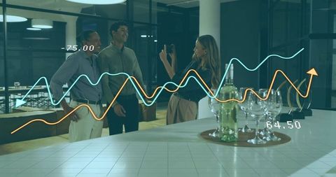 Colleagues networking at office bar with business graph overlays showing teamwork