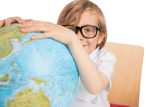 Smiling boy in glasses hugging globe on transparent background