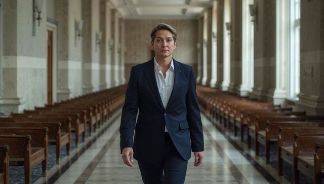 Confident businessman walking down chapel aisle in navy suit and white shirt executive