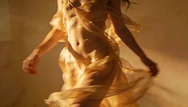 Spinning female model wearing flowing golden sheer fabric glittering in warm light