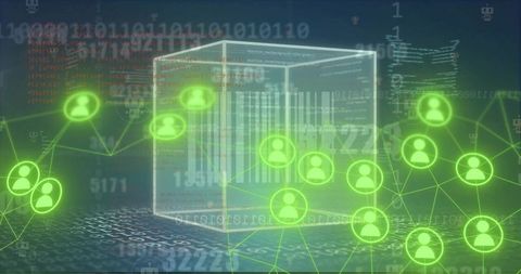 Neon network cube visualizing distributed data nodes, blockchain barcode and avatars