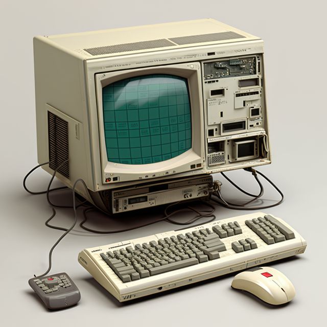 This image features a classic vintage computer set up complete with a keyboard, mouse, and an old monitor. Ideal for use in projects related to technology history, nostalgia-themed media, and vintage electronics. Perfect visual for blogs, websites, and presentations about the evolution of computers and technology. Can also be used in educational materials discussing the history of computer hardware.