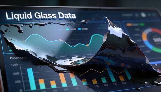 Liquid glass data dashboard revealing glossy black film peeling to expose analytics