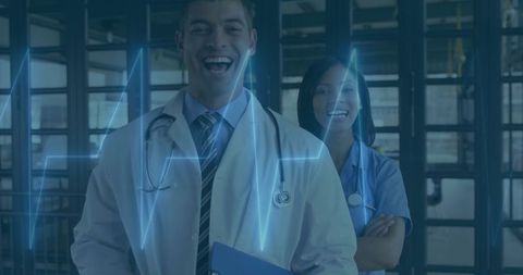 Smiling Medical Team in Hospital Corridor with ECG Overlay