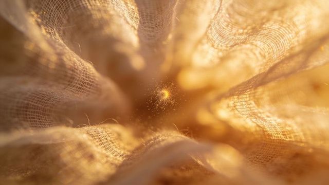 Macro golden gauze fabric folds with warm central glow and floating dust particles, soft bokeh
