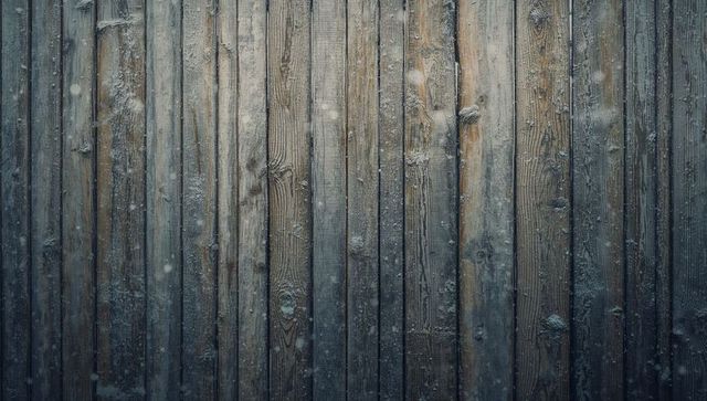 Frost-dusted weathered wooden planks with knots and nailheads, rustic winter texture