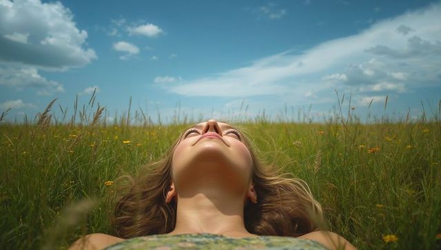 Young woman lying in wildflower meadow gazing at sky for relaxation and mindfulness