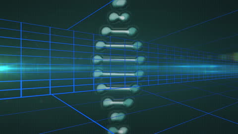 Futuristic DNA Chain with Digital Grid Overlay