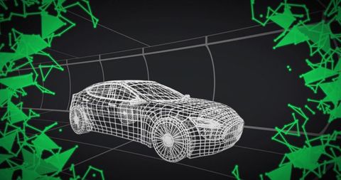 Futuristic Wireframe Car Model in Digital Tunnel with Neon Accents