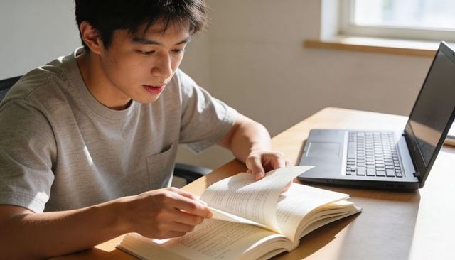 Young student studying at desk with book and laptop, turning pages in sunlit minimalist room