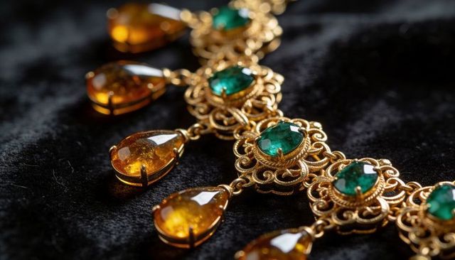 Ornate gold filigree necklace with emerald cabochons and amber teardrop gemstones, luxury