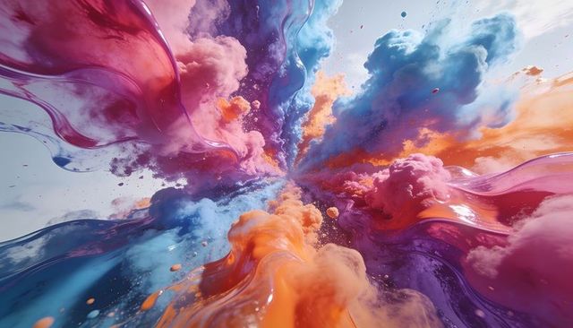 Vibrant paint vortex exploding with colorful clouds, glossy ribbons and 3d digital flow