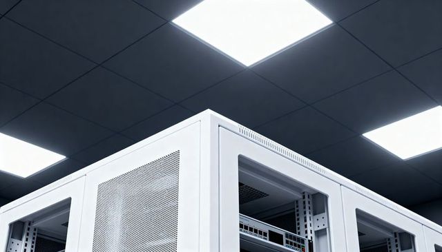 Framing white server rack corner featuring mounted network switches and led panels
