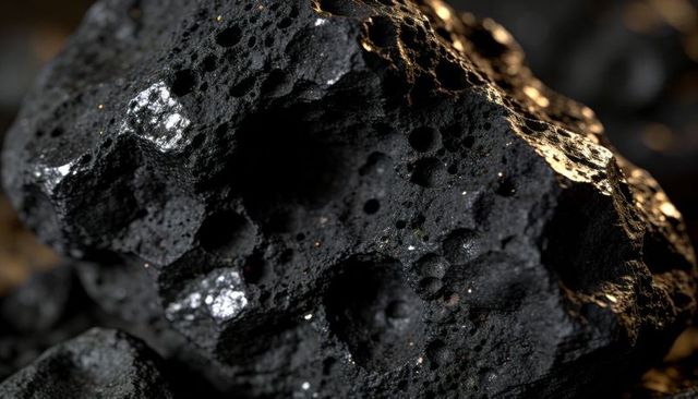 Macro porous volcanic rock with metallic flecks and glossy pits warm light close-up