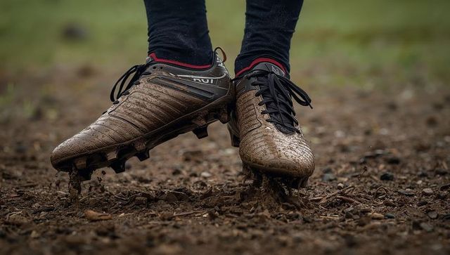 Driving muddy soccer cleats kicking up soil on wet pitch close-up high-energy motion