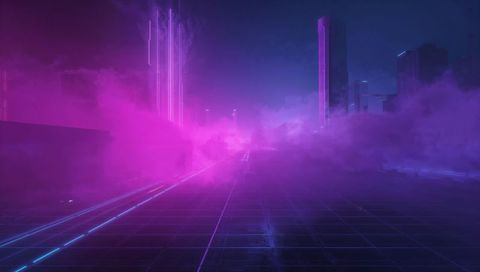 Glowing tiled grid leading toward neon vanishing point in cyberpunk urban nightscape