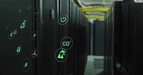Sustainable Technology Eco Icons Over Data Center