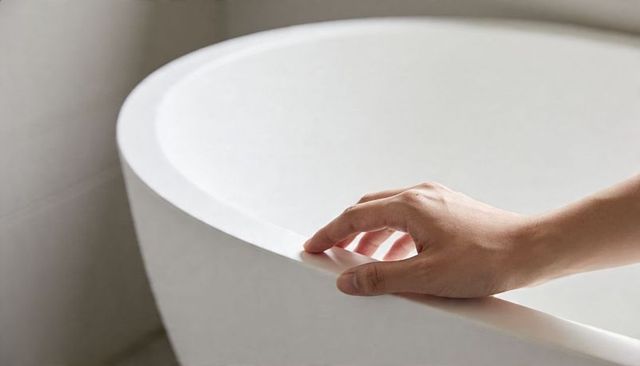 Resting hand on white freestanding bathtub rim minimalist bathroom detail with soft light