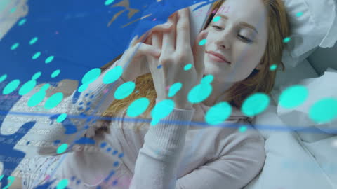Woman Using Smartphone Relaxing in Bed with Digital Overlay