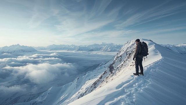 Climber standing on narrow snow ridge surveying alpine peaks above sea of clouds at sunrise