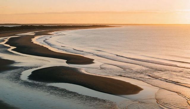 Curving sandbars snaking into golden sunset along low tide coastline with reflections