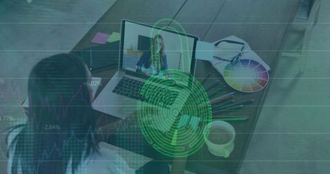 Virtual Meeting Technology Overlay with Businesswoman and Digital Interface