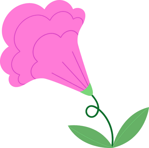 Transparent stylized pink flower with green stem and leaves