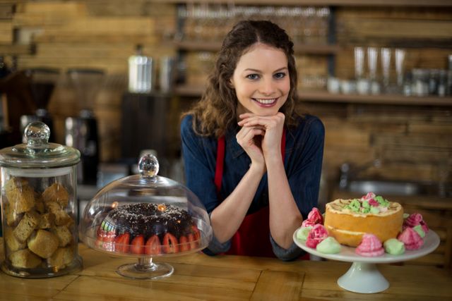 Waitress standing behind counter in a cozy cafe, smiling warmly. Ideal for use in marketing materials for cafes, bakeries, or small businesses. Can be used to promote customer service, hospitality, or food-related services. Perfect for websites, brochures, and social media posts highlighting friendly service and delicious desserts.