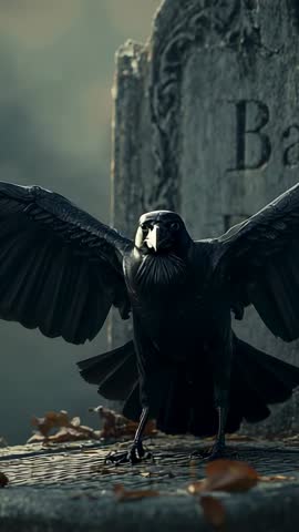 Vertical video Crow landing, spreading wings, rising to survey gravestone in gothic cemetery