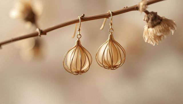 Gold wire cage earrings hanging from twig with cream beads and dried flower minimalist close-up