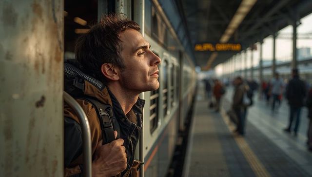 Sunlit Commuter Leaning from Train Door, Backpack Ready, Contemplative Urban Travel Moment