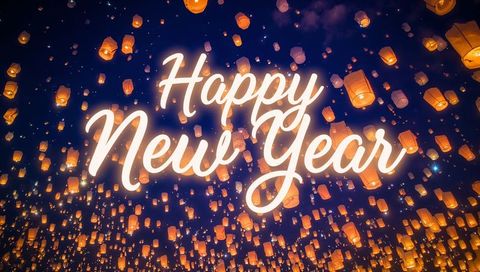 Glowing Happy New Year Script Floating Over Sky Lanterns in Starry Night Festival