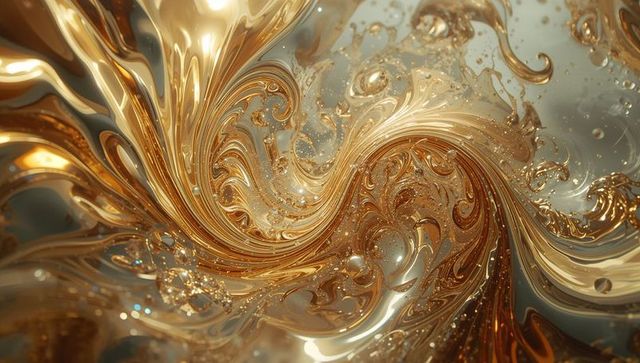 Swirling Metallic Gold Fluid with Bubbles in Abstract Space
