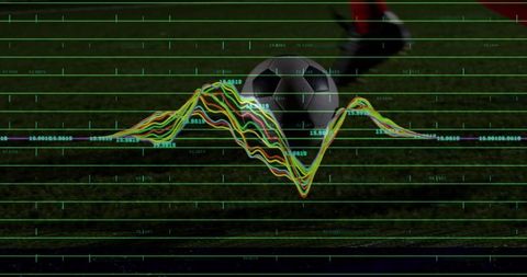 Soccer ball on grass with data analysis overlay reflecting performance metrics