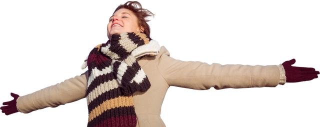 Smiling Woman with Arms Outstretched in Clear Winter Clothes Transparent Background - Download Free Stock Videos Pikwizard.com