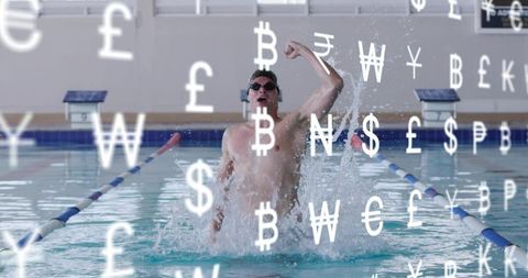 Triumphant swimmer celebrating victory with explosive splash in pool with currency symbols