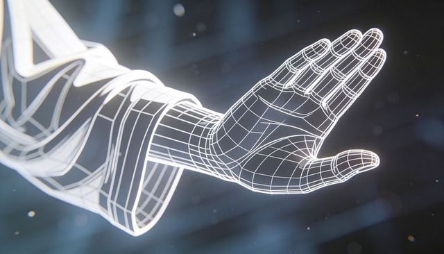 Glowing wireframe hand reaching through futuristic holographic interface, mesh render
