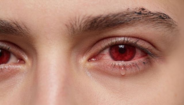 Macro close-up showing male-presenting crimson irises with tear droplet, emotional portrait