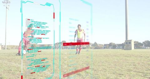 Soccer Player Dribbling with Augmented Reality Code Overlay Representing Performance Tech