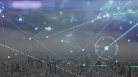 Futuristic Digital Network Interface Over Urban Cityscape