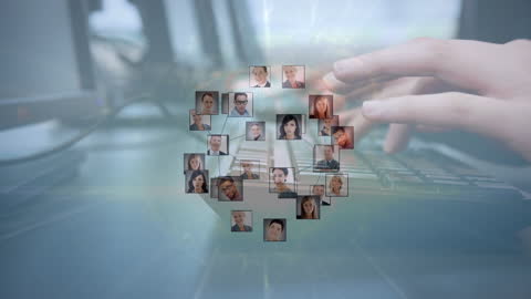 Hands Typing with Overlay of Global Networking Profile Icons