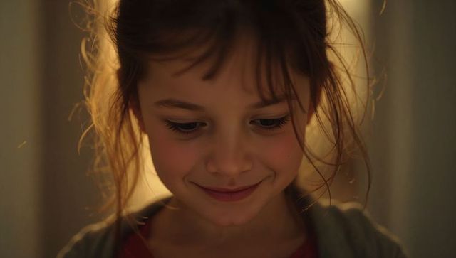 Smiling young girl looking downward in warm backlit portrait with soft golden halo, cozy
