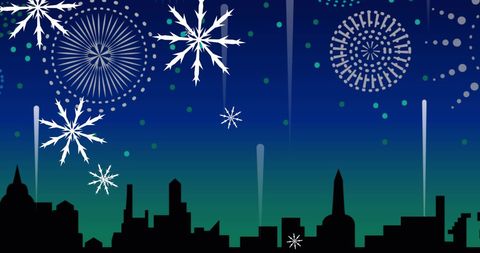 Holiday Fireworks and Snowflakes Over City Skyline - Download Free Stock Images Pikwizard.com