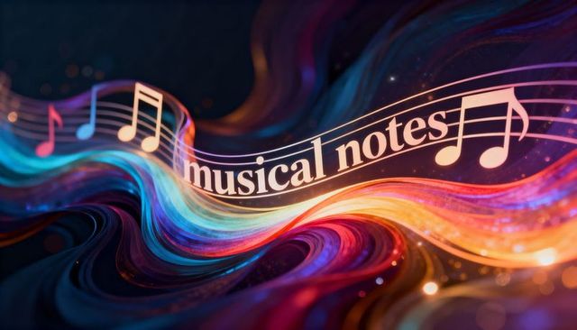 Luminous flowing musical staff with neon notes on vibrant color ribbons