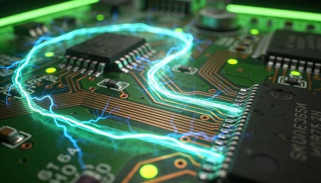 Cyan electric arcs flowing along pcb traces powering microchips and lighting leds