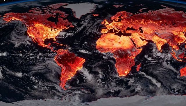 Global heat map showing widespread hotspots across continents from space and wildfires