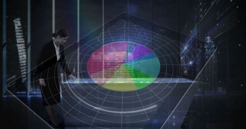 Businesswoman Interacting with Futuristic Holographic Pie Chart