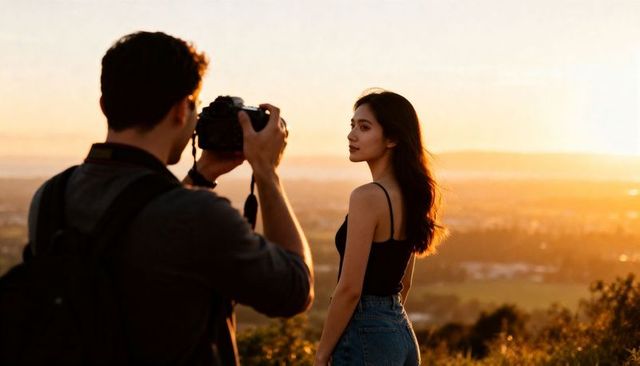 Backlit sunset portrait of young woman posing for photographer on hilltop overlook
